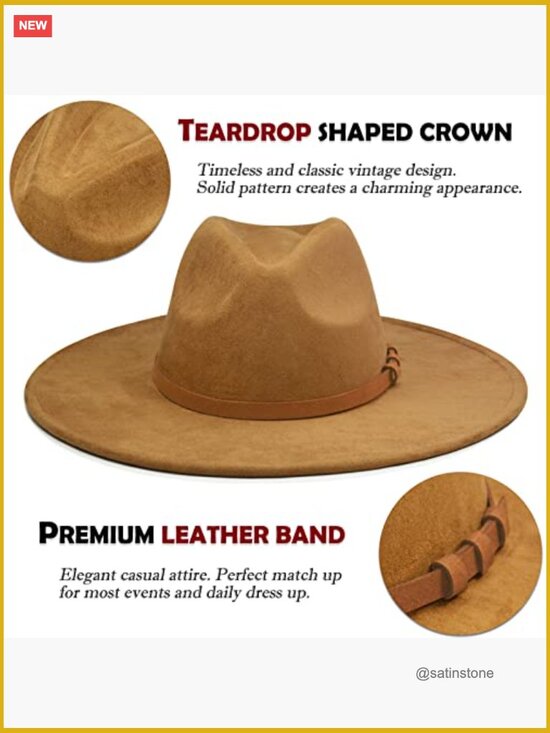 Big Wide Brim Fedora Hat - Felt Panama Rancher Hat with Adjustable Strap main image 5